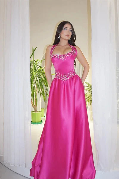 Hot Pink A Line Halter Shiny Beaded Satin Prom Dress Evening Dress DP5972
