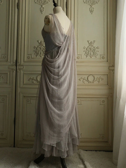 Stunning Grey A Line Spaghetti Strap Beaded Chiffon Prom Dress DP4165