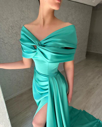 Lake Blue Mermaid Off the Shoulder Satin Long Prom Dress Evening Dress DP5964