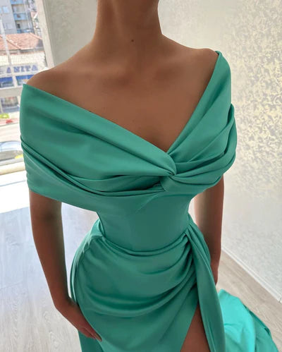 Lake Blue Mermaid Off the Shoulder Satin Long Prom Dress Evening Dress DP5964