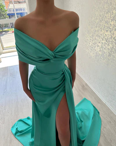 Lake Blue Mermaid Off the Shoulder Satin Long Prom Dress Evening Dress DP5964