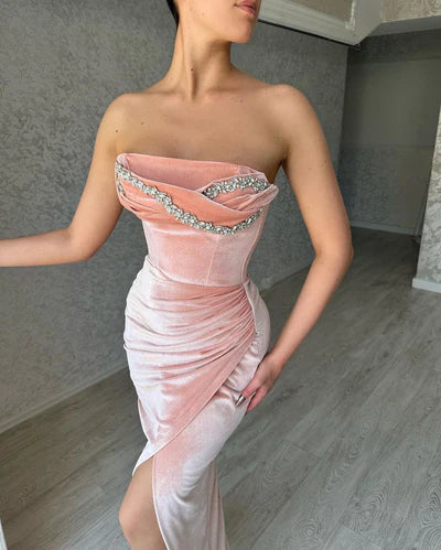 Elegant Sheath Strapless Beaded Velvet Prom Dress Evening Dress with Slit DP5966