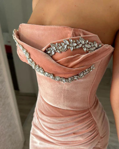 Elegant Sheath Strapless Beaded Velvet Prom Dress Evening Dress with Slit DP5966