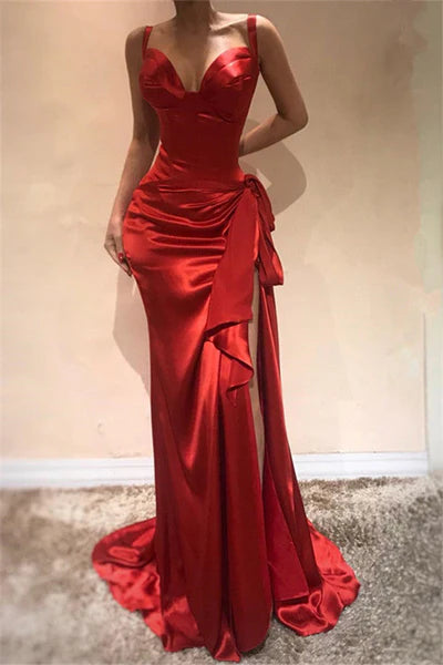 Elegant Mermaid Scarlet Spaghetti Straps Evening Dresses Chic High Split Sleeveless Prom Dresses DP5955