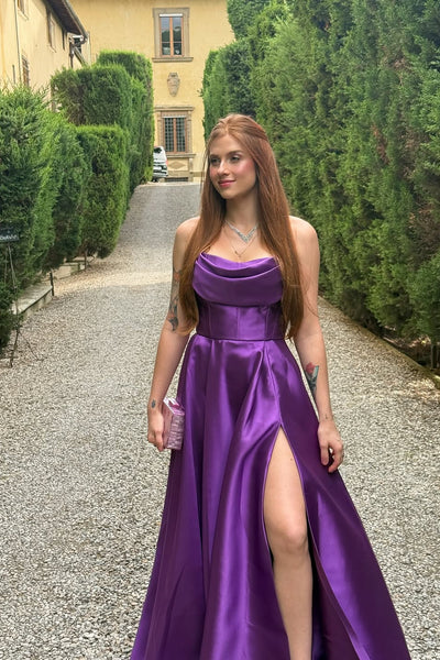 Simple Purple A Line Strapless Satin Prom Dress Evening Dress DP5982