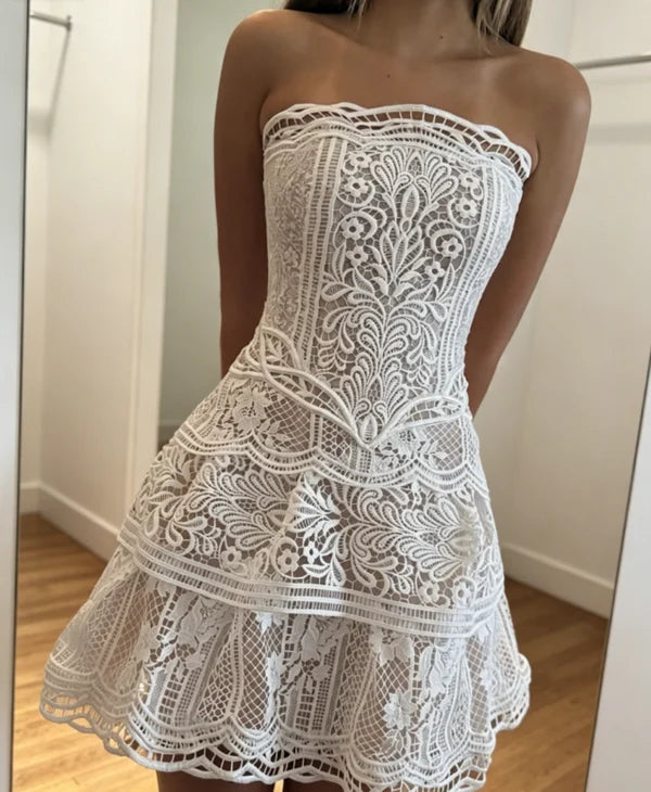 Sexy Strapless Birthday Dress A-Line Lace Homecoming Dress White Party Dress DP7544
