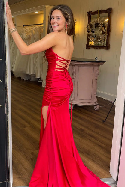 Mermaid Strapless Lace-Up Ruched Long Formal Dress Evening Dress with Slit DP1091