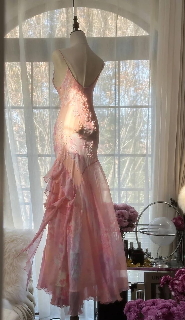 Fairytale Pink Mermaid Spaghetti Strap Beaded Ruffle Chiffon Prom Dress DP2259