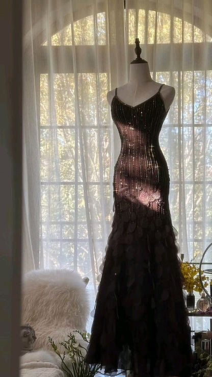 Romantic Pink Mermaid Spaghetti Strap Beaded Chiffon Prom Dress Evening Dress DP2882