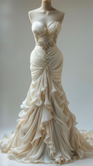 Stunning Mermaid Sweetheart Neck Beaded Pleated Ivory Chiffon Wedding Dresses DP3633