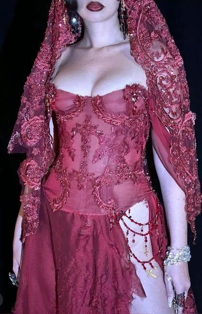 Burgundy Exquisite A Line Spaghetti Strap Appliques Chiffon Prom Dress Evening Dress with Slit DP3161