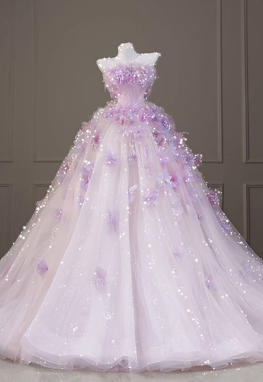 Purple Ball Gown Strapless 3D Floral Tulle Long Prom Dress 16th Birthday Dress DP3626