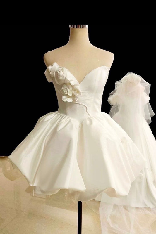 White Sweetheart Neck Floral Satin Short Prom Dress Homecoming Dress DP1167