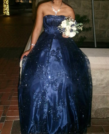 Pretty Navy Blue A Line Strapless Appliques Tulle Prom Dress Evening Dress DP7504
