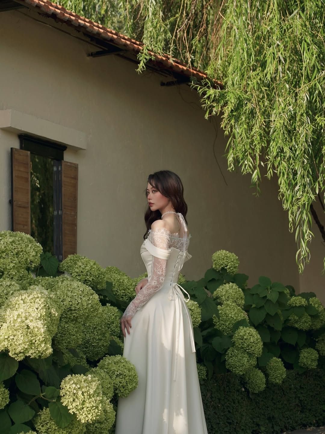 Pretty A Line Long Sleeve Ivory Lace Satin Long Wedding Dress with Slit DP6858