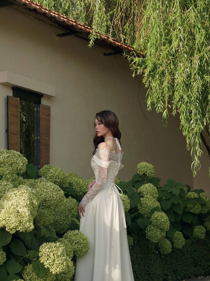 Pretty A Line Long Sleeve Ivory Lace Satin Long Wedding Dress with Slit DP6858