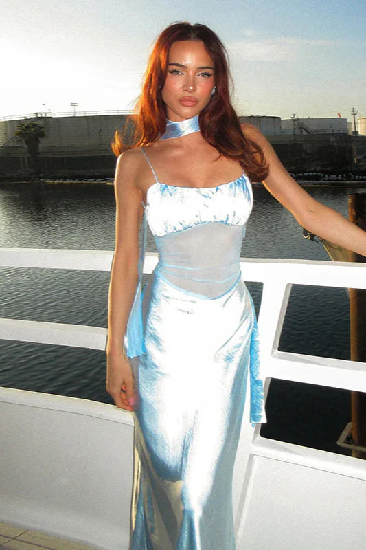 Baby Blue A Line Spaghetti Straps Satin Prom Dress Evening Dress DP5589