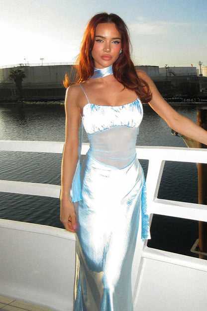 Baby Blue A Line Spaghetti Straps Satin Prom Dress Evening Dress DP5589