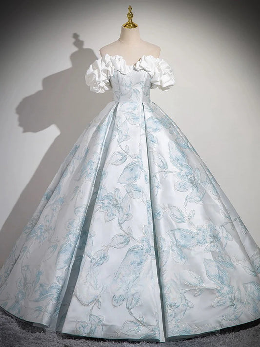 Elegant Blue A Line Off Shoulder Satin Long Prom Dress Ball Gown DP1170