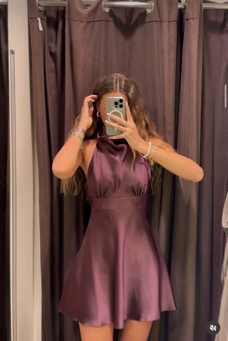 Cute Purple A Line Halter Satin Short Homecoming Dress DP5316