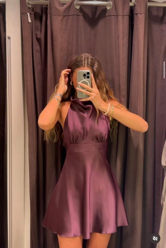 Cute Purple A Line Halter Satin Short Homecoming Dress DP5316