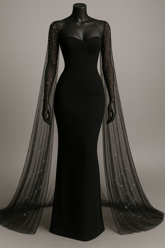 Sexy Stunning Black Mermaid Tulle Satin Party Dress Evening Dress Date Dress with Cape DP2944