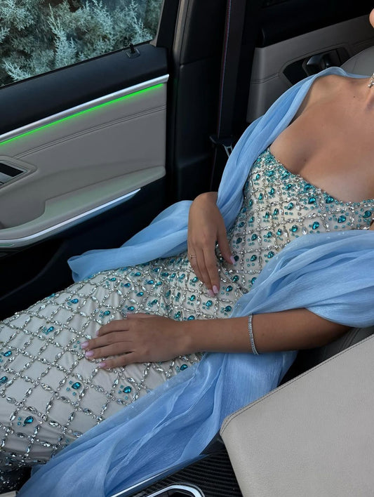 Pretty Blue Sheath Strapless Exquisite Rhinestone Tulle Long Prom Dress Evening Dress DP6686