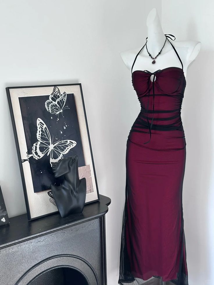Sexy Sheath Halter Black Burgundy Chiffon Prom Dress Evening Dress DP3833