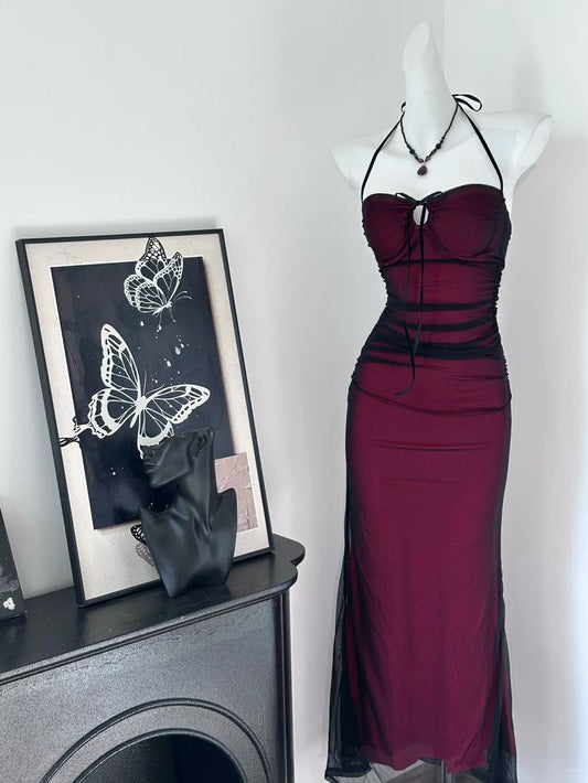 Sexy Sheath Halter Black Burgundy Chiffon Prom Dress Evening Dress DP3833