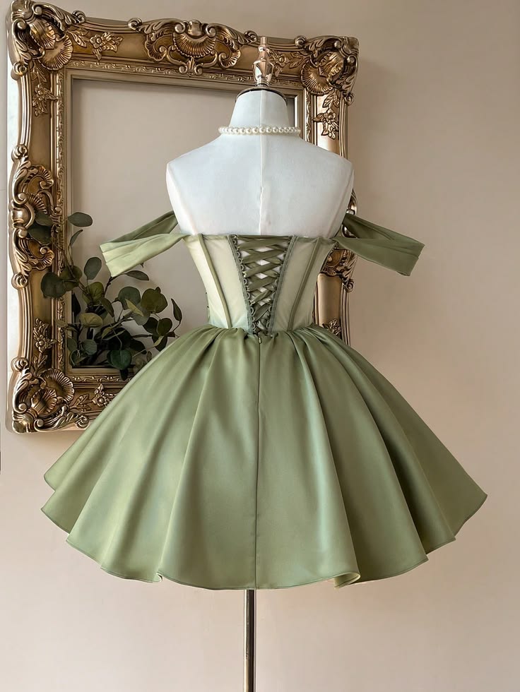 Green A Line Off the Shoulder Corset Beaded Satin Short Homecoming Dress DP5671