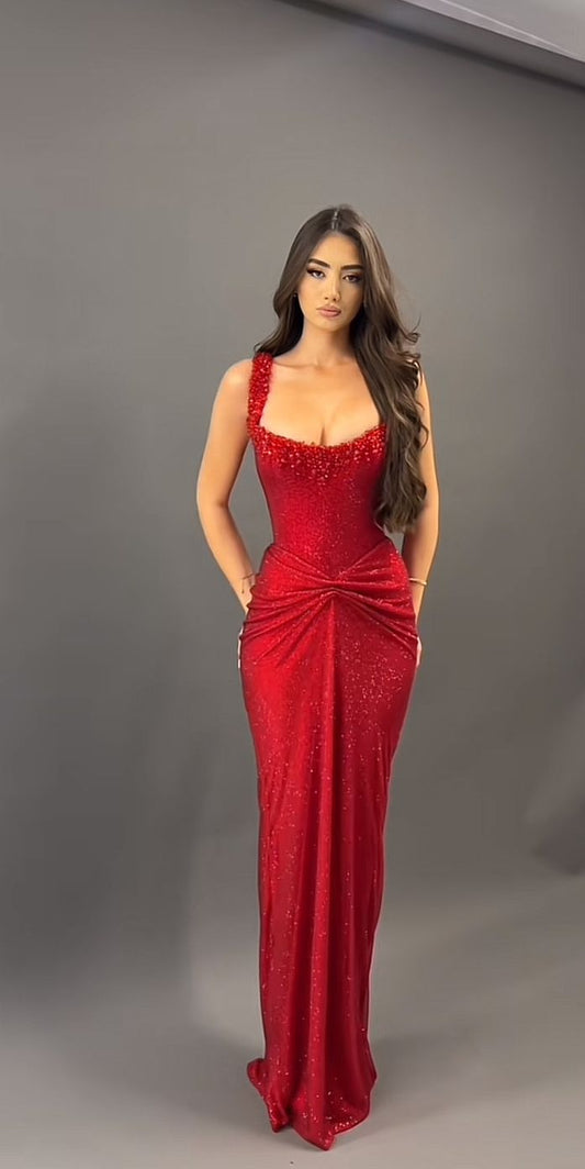 Sexy Burgundy Sheath Strap Beaded Sequin Long Prom Dress Wedding Guest Dress DP4078