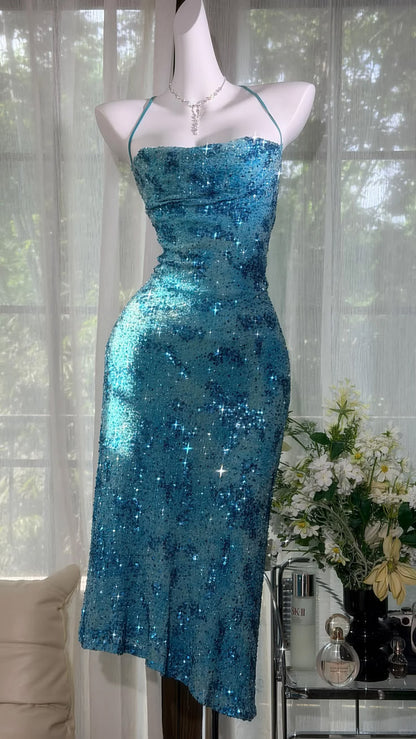Blue Sheath Black Sheath Spaghetti Straps Beaded Sequin Chiffon Prom Dress Party Dress DP5815