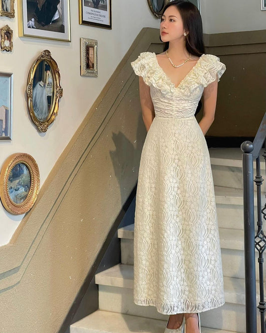 Cute A Line V Neck Ivory Lace Prom Dress Evening Dress DP6919