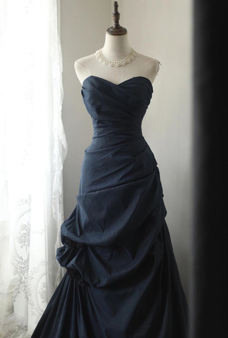 Dark Blue Vintage A Line Sweetheart Taffeta Long Prom Dress DP796