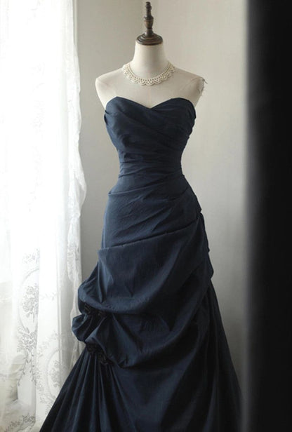 Dark Blue Vintage A Line Sweetheart Taffeta Long Prom Dress DP796