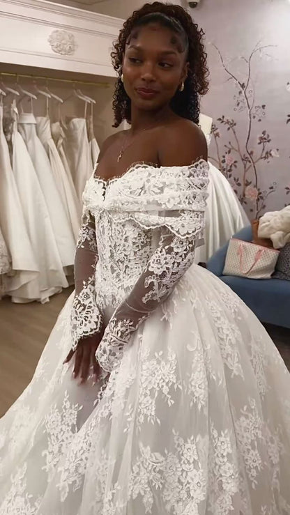 Stunning A Line Long Sleeve White Lace Wedding Dress DP4102