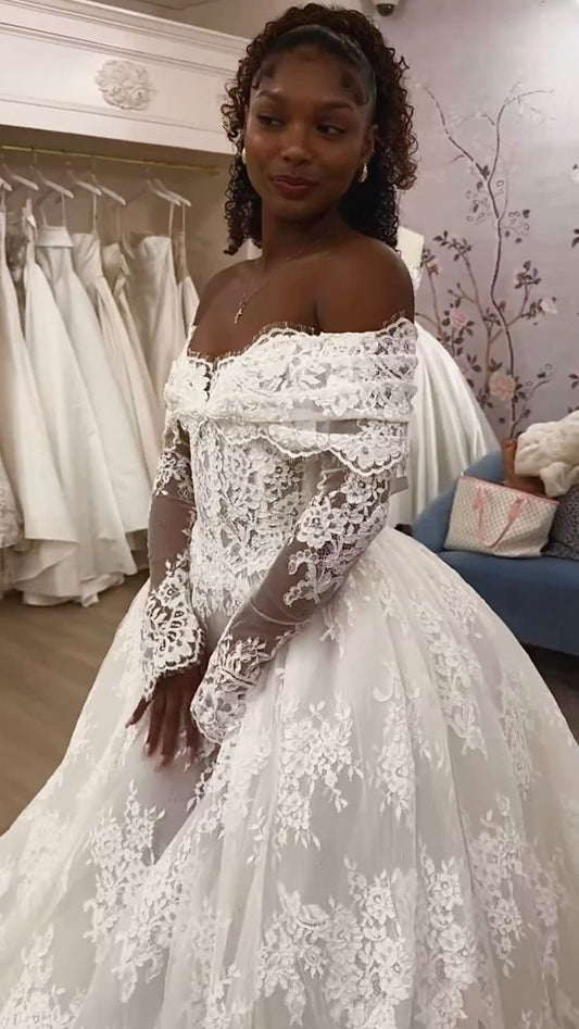 Stunning A Line Long Sleeve White Lace Wedding Dress DP4102