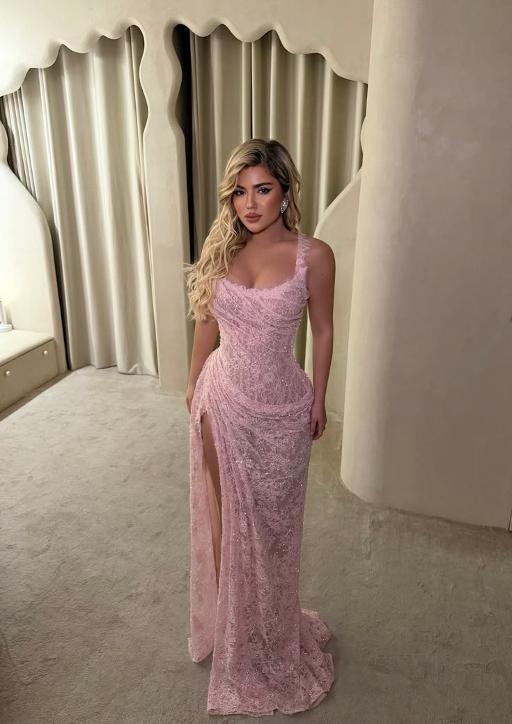 Pink Sheath Spaghetti Strap Exquisite Lace Slit Long Prom Dress DP8158