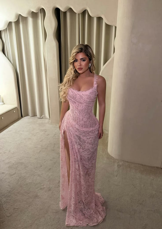 Pink Sheath Spaghetti Strap Exquisite Lace Slit Long Prom Dress DP8158