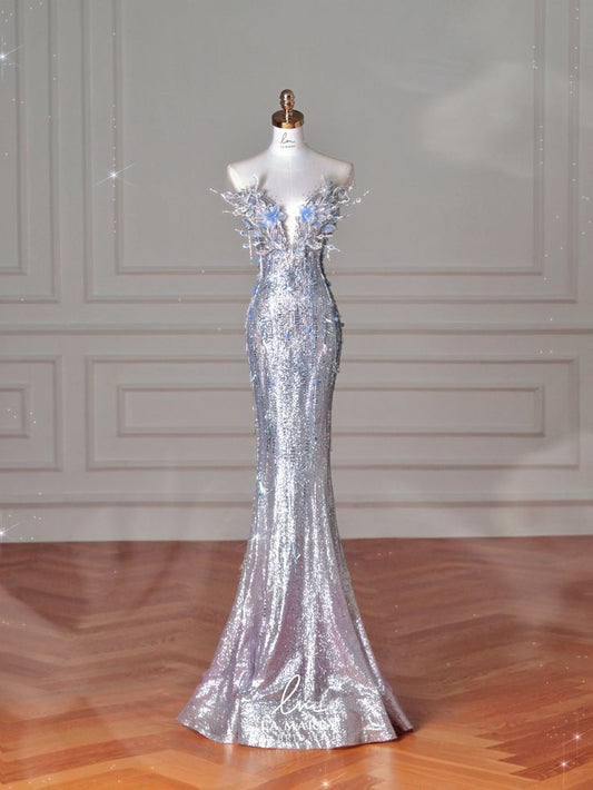 Exquisite Mermaid V Neck Beaded Silver Sequin Long Prom Dresses Evening Gowns Party Dress DP3050