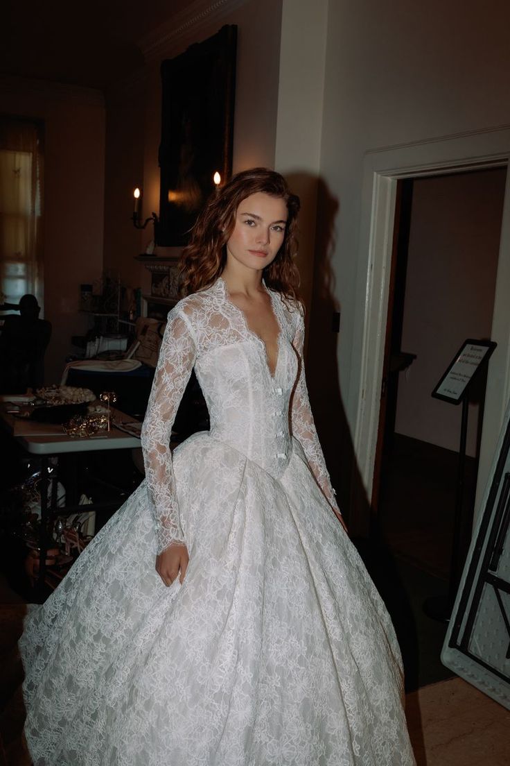 Classic Ball Gown Long Sleeve V Neck White Lace Long Wedding Dress DP7197