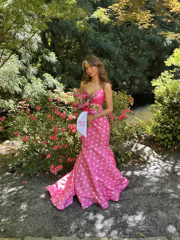 Cute Pink Polka Dot Mermaid Spaghetti Strap Satin Long Prom Dress Evening Dress DP8071