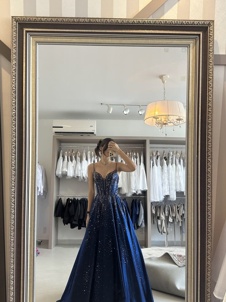 Navy Blue A Line Spaghetti Strap Beaded Satin Prom Dress Evening Dress DP8059