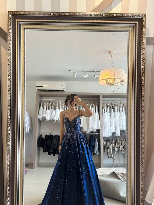 Navy Blue A Line Spaghetti Strap Beaded Satin Prom Dress Evening Dress DP8059