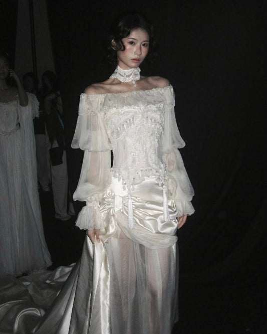 Stunning White A Line Long Sleeve Beaded Tulle Satin Long Wedding Dress DP7878