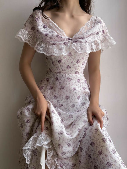 Purple Print Floral A Line Off the Shoulder Lace Chiffon Prom Dresses Evening Dress Date Dress DP3420