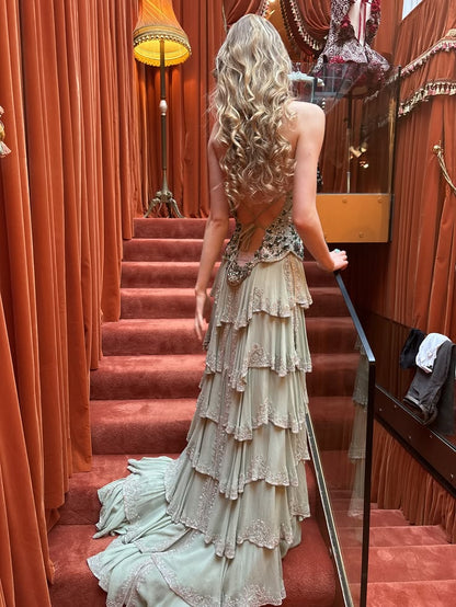 Green A Line Spaghetti Straps Beaded Layered Chiffon Backless Prom Dress Evening Dress DP5939