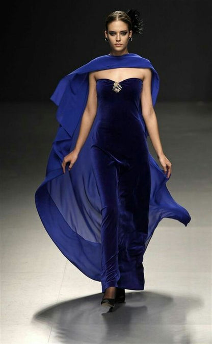 Royal Blue Sheath Strapless Velvet Chiffon Long Prom Dress Evening Dress DP4230