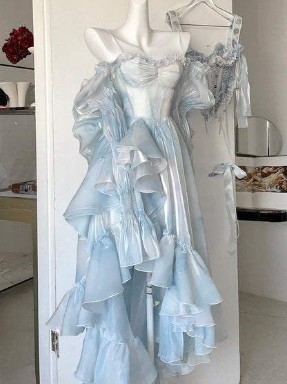 Blue White Ombre A Line Long Sleeve Flowy Ruffle Chiffon Long Prom Dress Outfits DP4269