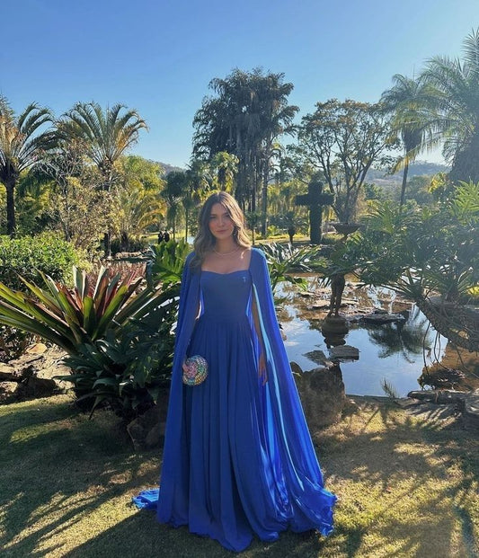 Simple Royal Blue A Line Long Sleeve Chiffon Formal Dress Evening Party Dresses DP3128
